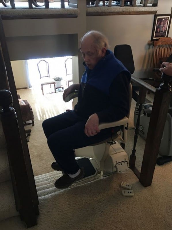 Lifeway Mobility Minneapolis customer takes his first ride on Harmar SL600 stairlift