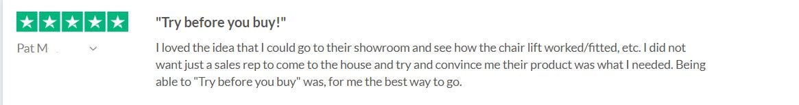 customer review about visit to Lifeway Mobility stairlift showroom