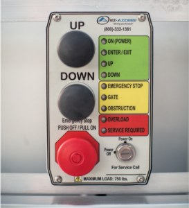 Image of EZ-Access PASSPORT Control Box. This images shows that there are 3 controls available: Up, Down, and Emergency Stop; along with a keyslot to turn the Lift on and off.