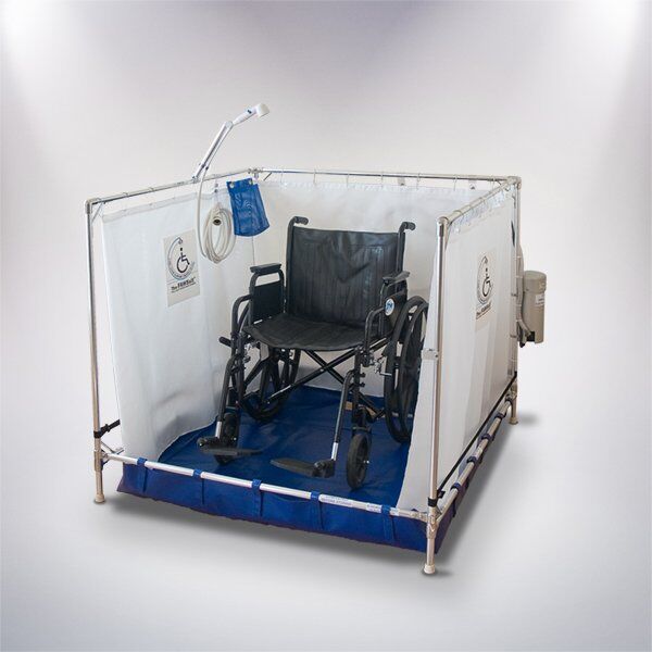 FAWSsit Bariatric B5000 portable shower with wheelchair in it