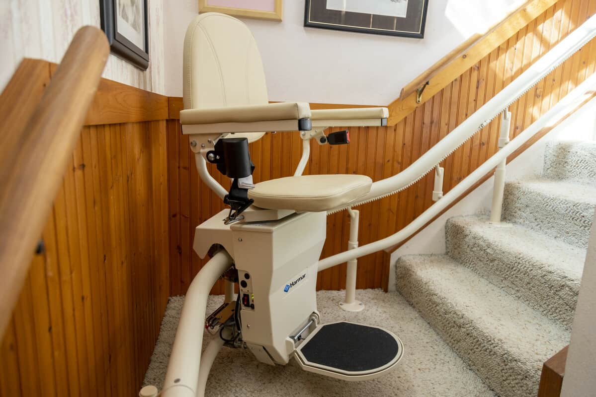 Harmar Helix curved rail stairlift in home, installed by Lifeway Mobility