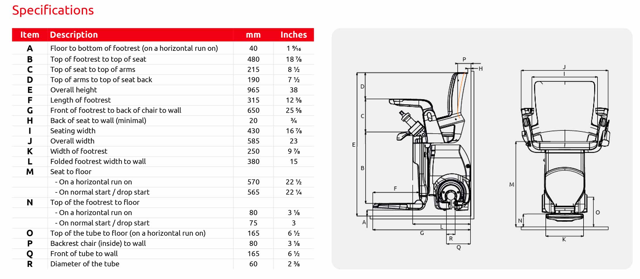 Otolift measurement specifications