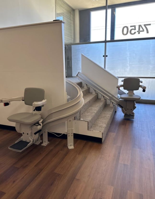 straight and custom curved stairlifts in San Diego showroom
