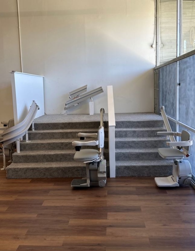 stair lifts and folding rail option in Lifeway Mobility's showroom in San Diego, CA