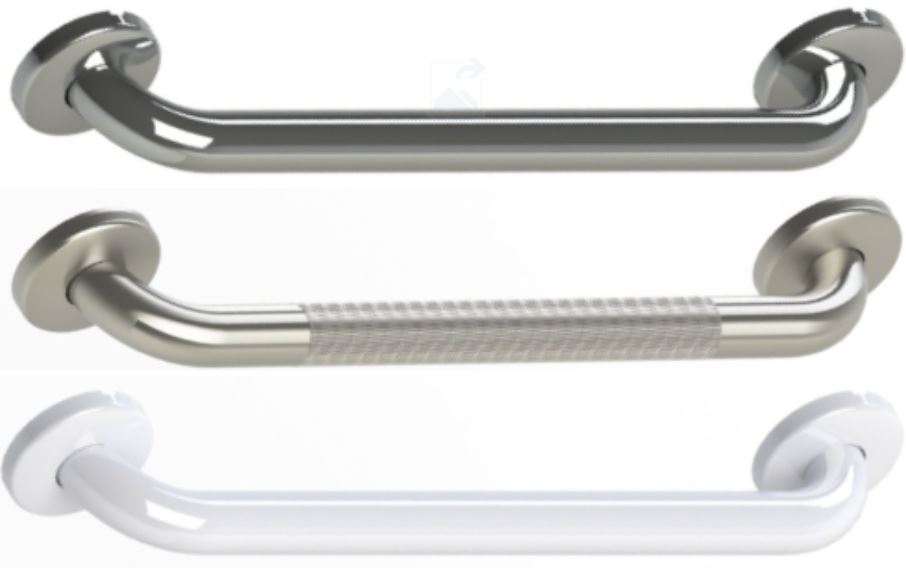 white, stainless steel, and polished grab bars