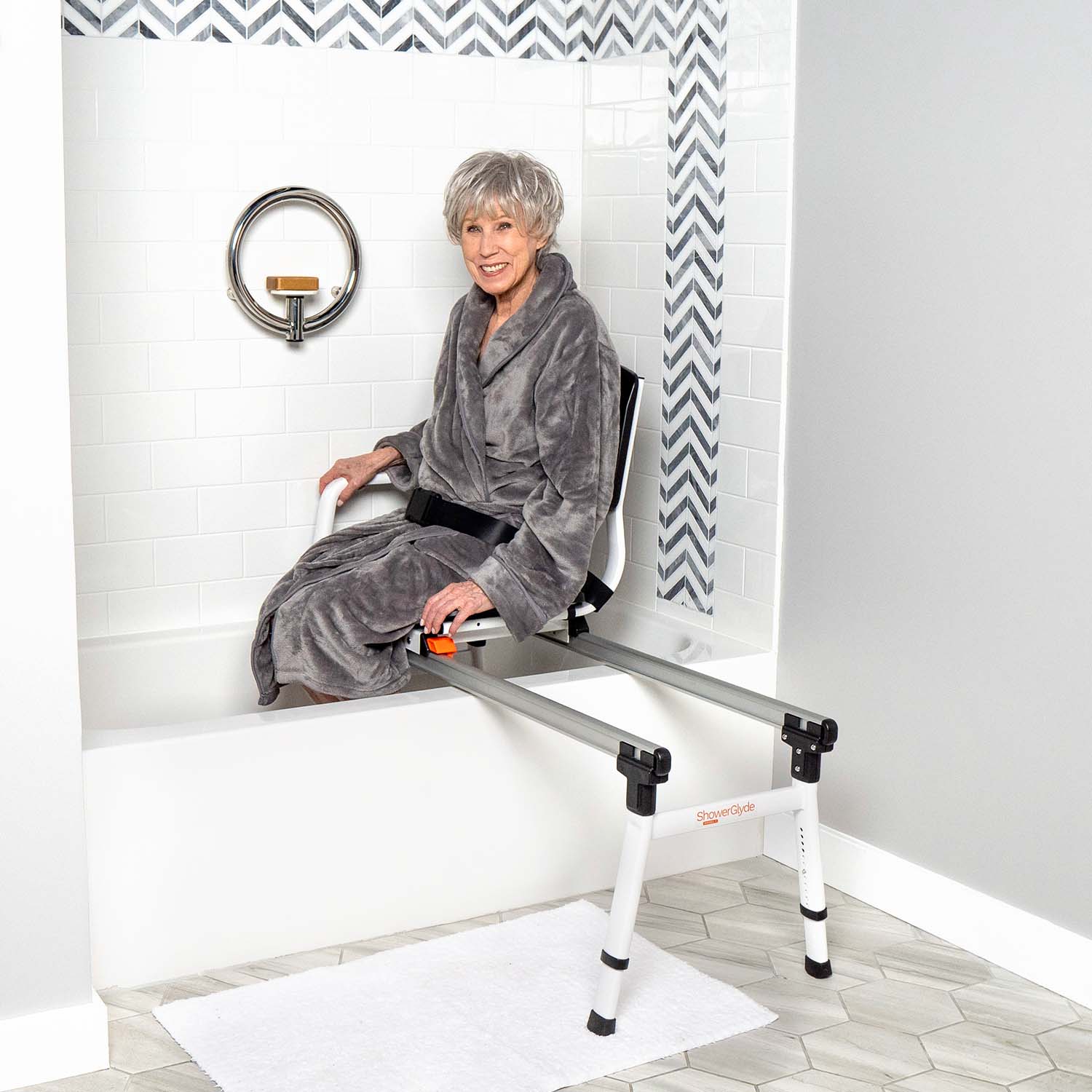 woman using safe transfer bench in bathtub