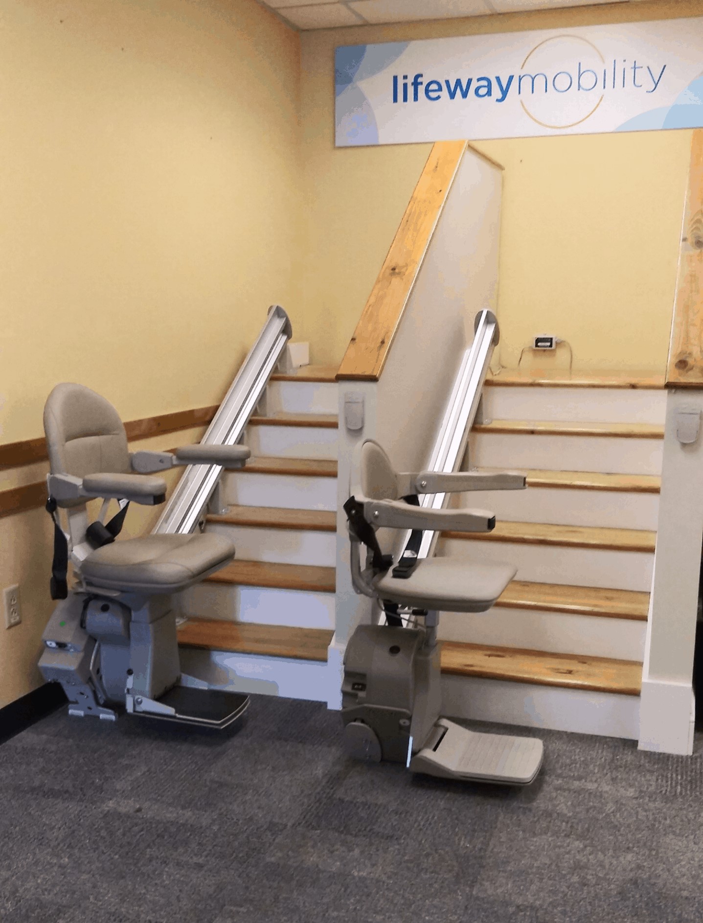 Bruno straight rail stair lifts in Lifeway Mobility's showroom in Massachusetts