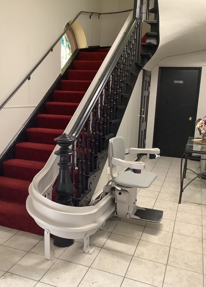 curved stairlift in church installed by Lifeway Mobility