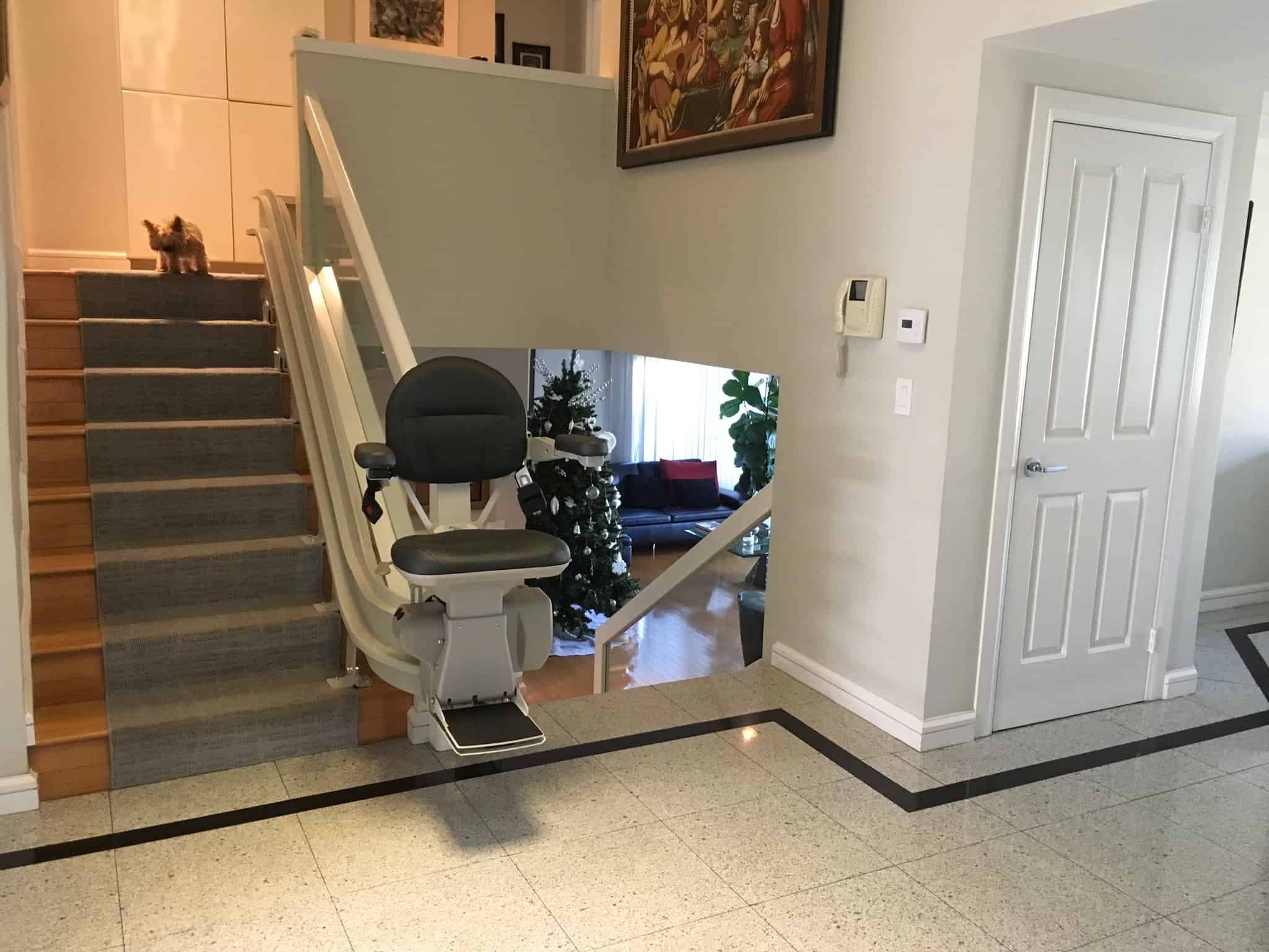 curved stair lift with custom upholstery, installed by Lifeway Mobility