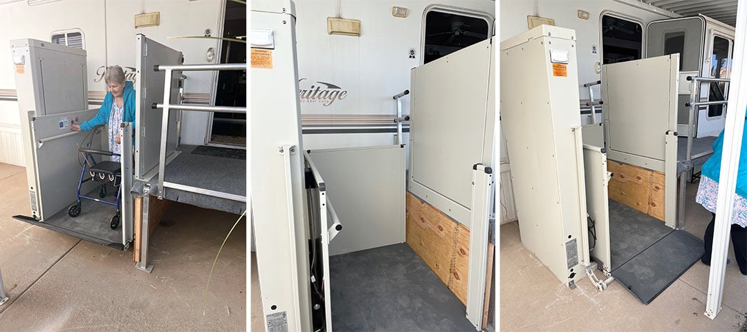 A female older adult that relies on a walker rides a wheelchair lift to enter and exit her RV home