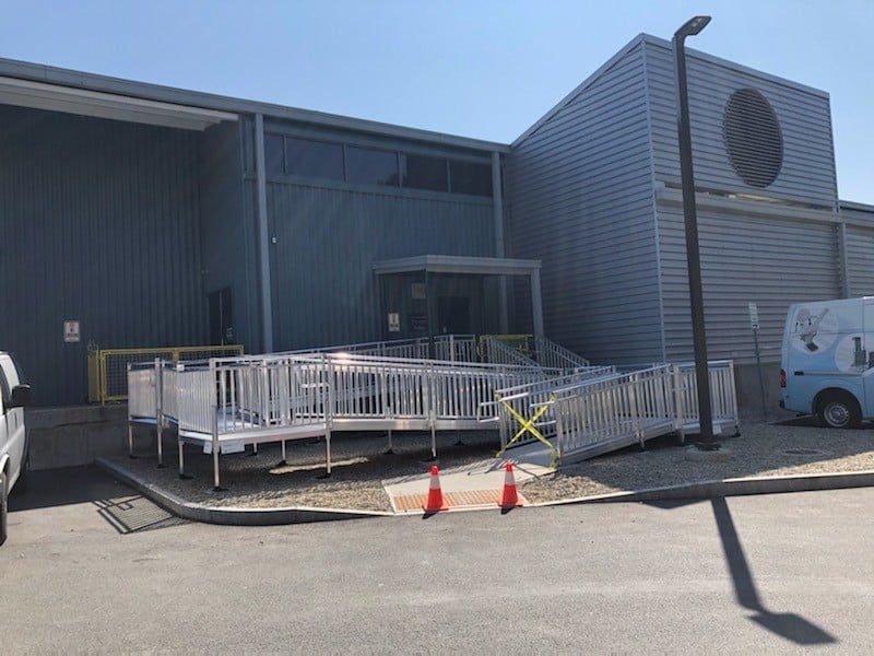 commercial aluminum wheelchair ramp installed by Lifeway Mobility at university in Connecticut