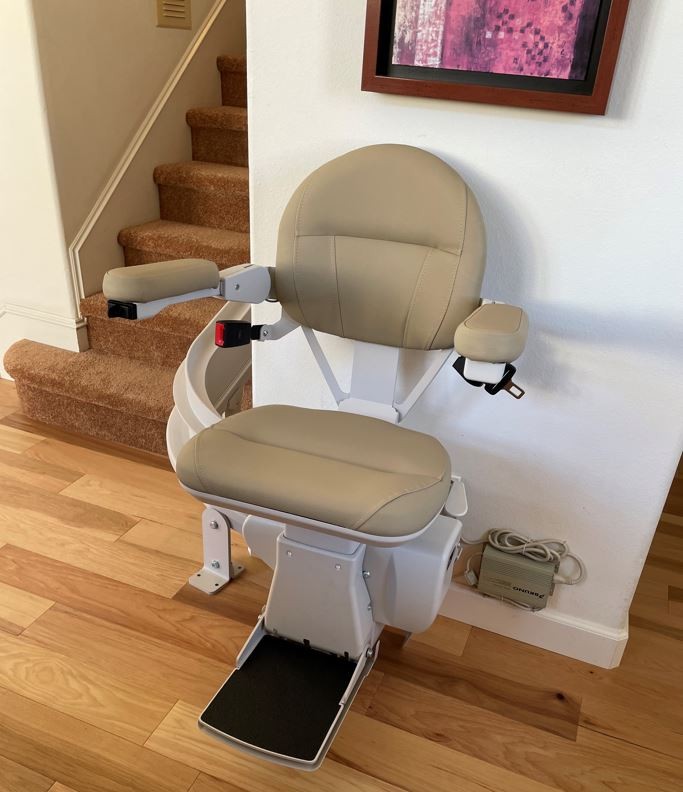 Bruno curved stairlift with custom tan upholstery in Santa Clarita CA by Lifeway Mobility