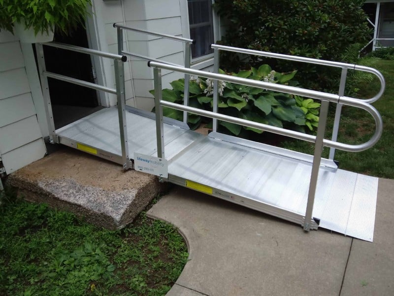 aluminum portable ramp with handrails installed by Lifeway in Collinsville CT