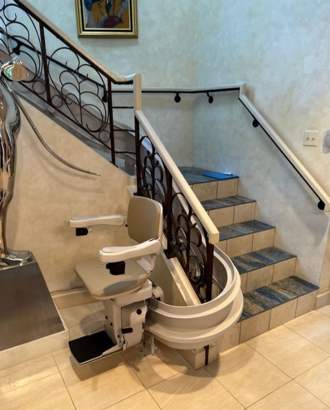 curved stairlift with 180 park and custom upholstery in LaJolla CA from Lifeway Mobility