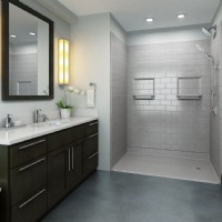 barrier free shower with gray subway tile and curbless entry