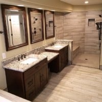 walk in shower with dual vanity installed by Lifeway Mobility Denver Bath Perfect