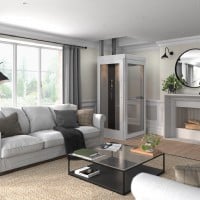 Bruno Connect  home elevator in living room installed by Lifeway Mobility