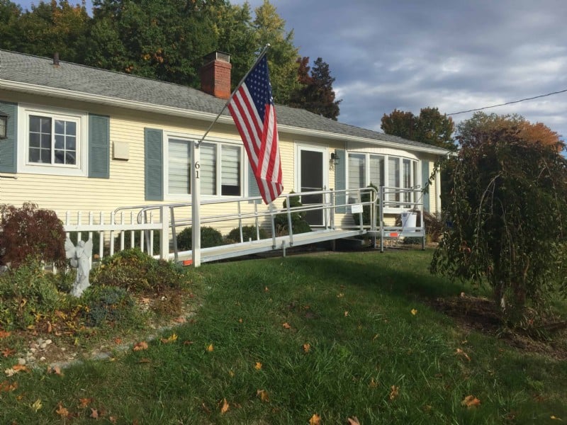 aluminum modular residential wheelchair ramp in front of home