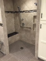 barrier free shower in Indianapolis with bult in shower bench and grab bars