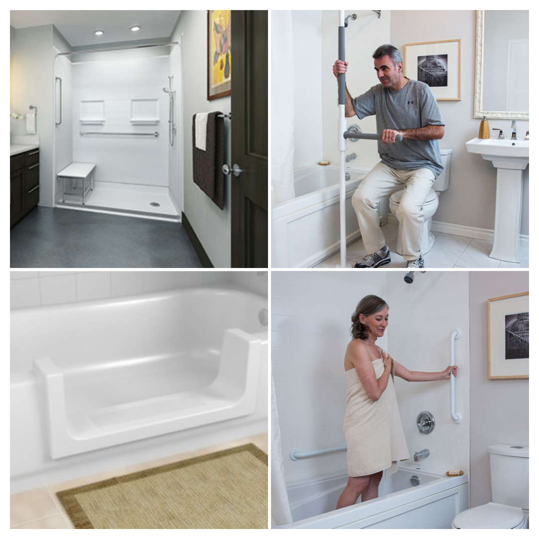 collage of bathroom safety products to prevent falls at home